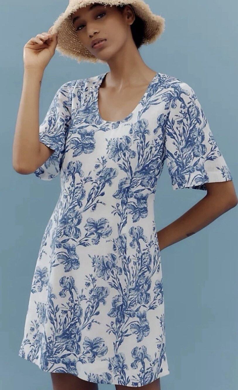 Anthropologie Porridge Floral Print Mini Dress Size S Linen Blend Blue White